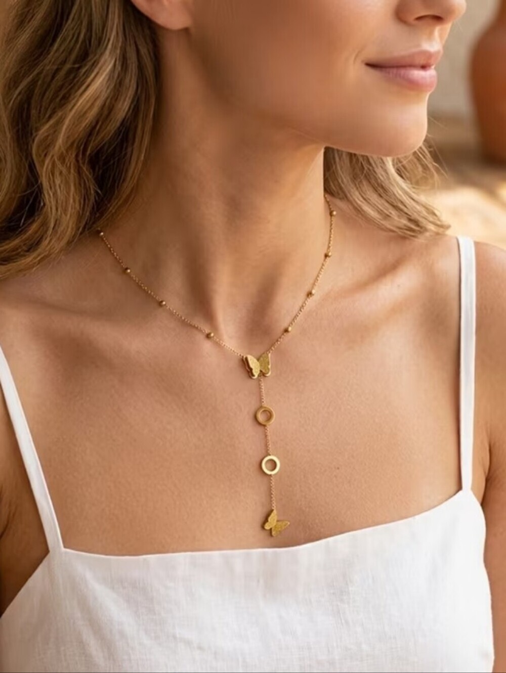 Stainless Steel Gold Plated Butterfly Lariat Necklace - Women Jewelry